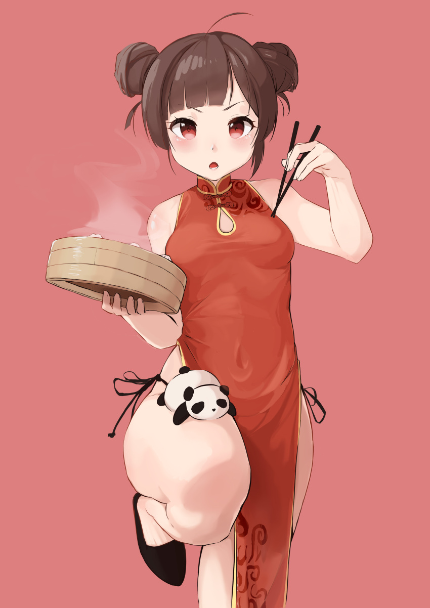 1girl absurdres azur_lane bamboo_steamer bangs baozi black_footwear blunt_bangs blush breasts brown_hair china_dress chinese_clothes chopsticks covered_navel double_bun dress food highres open_mouth painnico panda ping_hai_(azur_lane) pink_background red_dress red_eyes short_hair simple_background sleeveless small_breasts solo standing standing_on_one_leg steam thighs