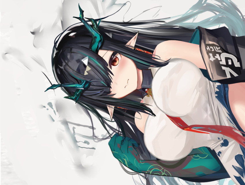 1girl 3: arknights bare_arms bare_shoulders between_breasts black_hair black_jacket breasts closed_mouth colored_inner_hair dragon_horns dress dress_lift dusk_(arknights) earrings hair_over_one_eye horns jacket jewelry large_breasts long_hair looking_at_viewer mikuning multicolored_hair necktie off_shoulder pointy_ears red_eyes sidelocks sleeveless sleeveless_dress solo streaked_hair white_dress wing_collar