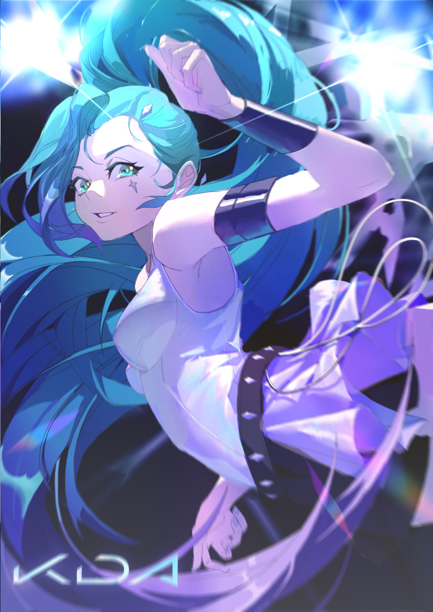 1girl absurdres blue_eyes breasts clothing_request dingzi facial_mark highres huge_filesize idol jewelry k/da_(league_of_legends) league_of_legends light_rays long_hair looking_at_viewer medium_breasts multicolored_hair nail nail_polish parted_lips purple_shirt seraphine_(league_of_legends) shirt smile star_(symbol)