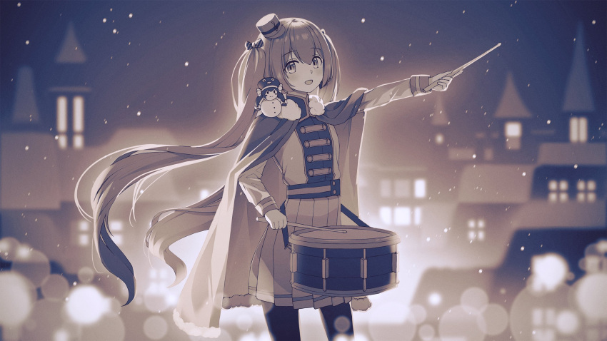2girls band_uniform blurry bokeh building cape commentary cowboy_shot depth_of_field drumsticks fur-trimmed_cape fur_trim hatsune_miku highres holding holding_drumsticks js_vica long_hair looking_at_viewer mini_shako_cap monochrome multiple_girls night on_shoulder otomachi_una outstretched_arm pantyhose pleated_skirt sepia skirt snowing snowman twintails very_long_hair vocaloid