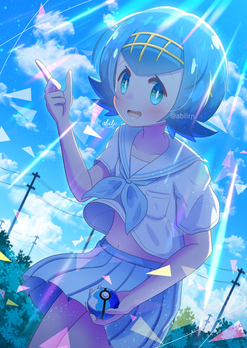 1girl absurdres alternate_costume blue_hair blush clouds collarbone commentary_request day dive_ball from_below green_eyes hairband highres holding holding_poke_ball index_finger_raised lana_(pokemon) navel open_mouth outdoors pleated_skirt poke_ball pokemer pokemon pokemon_(game) pokemon_sm power_lines sailor_collar short_hair short_sleeves signature skirt sky smile solo tongue utility_pole watermark yellow_hairband