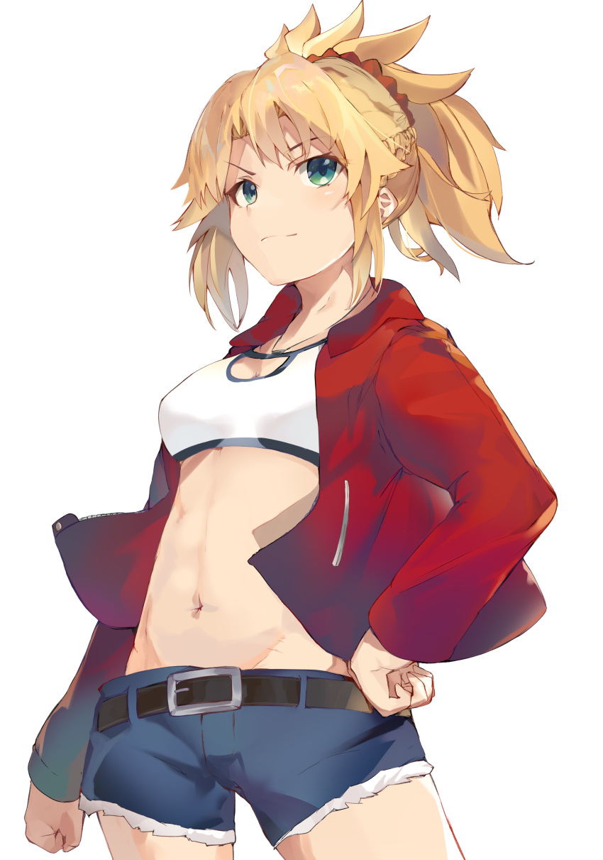 1girl absurdres blonde_hair blush breasts casual denim fate/apocrypha fate_(series) green_eyes hairband hand_on_hip highres jacket jeans mordred_(fate) mordred_(fate)_(all) pants ponytail red_hairband red_jacket same_(sendai623) simple_background smile solo white_background