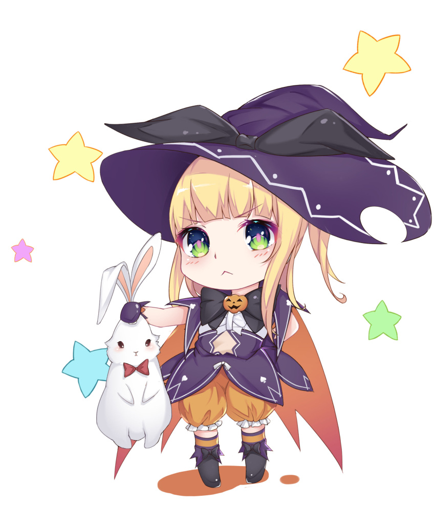 1girl :&lt; absurdres aoman_de_cangshu bangs blonde_hair blue_eyes blunt_bangs blush bow chibi closed_mouth eyebrows_visible_through_hair gloves green_eyes hand_on_hip hand_up hat hat_bow highres holding_bunny looking_at_viewer mononobe_alice nijisanji pumpkin purple_gloves purple_headwear rabbit red_bow simple_background solo star_(symbol) white_background witch_hat