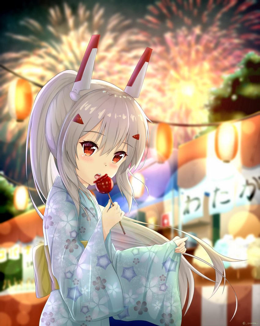 1girl absurdres alternate_costume ayanami_(azur_lane) azur_lane bangs blurry blush candy_apple chocolate_banana commentary_request cotton_candy depth_of_field eyebrows_visible_through_hair eyes_visible_through_hair fireworks food food_stand from_side hair_ornament hairclip head_tilt headgear highres holding japanese_clothes kimono lantern licking long_hair looking_at_viewer looking_to_the_side night night_sky orange_eyes retrofit_(azur_lane) shironora sidelocks silver_hair sky solo stand summer_festival translation_request twitter_username wide_sleeves yukata