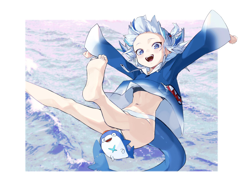 1girl animal_costume animal_hood barefoot bloop_(gawr_gura) blue_eyes blue_hair blue_hoodie bra colon_daityou25 fish_tail gawr_gura hair_ornament highres hololive hololive_english hood hoodie long_sleeves medium_hair multicolored_hair navel ocean open_mouth outstretched_arms outstretched_legs panties shark_costume shark_girl shark_hair_ornament shark_hood shark_tail sharp_teeth silver_hair streaked_hair symbol_commentary tail teeth two_side_up underwear virtual_youtuber white_panties wide_sleeves