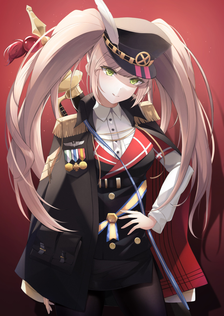 1girl :q absurdres bangs black_background black_legwear blonde_hair blush breasts closed_mouth eyebrows_visible_through_hair eyes_visible_through_hair gradient gradient_background granblue_fantasy green_eyes hand_on_hip hat hat_feather highres huge_filesize infinity_(kkx132) long_hair long_sleeves looking_at_viewer medium_breasts military military_uniform monika_weisswind pantyhose red_background smile solo tongue tongue_out twintails uniform