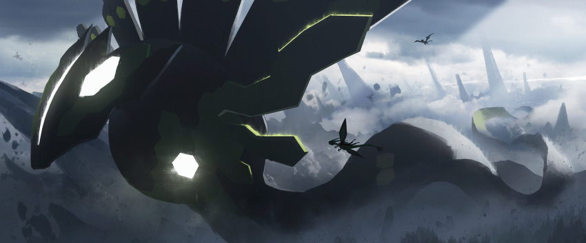 1other above_clouds absurdres asteroid_ill clouds commentary_request film_grain flygon from_side gen_3_pokemon gen_5_pokemon gen_6_pokemon giant glowing glowing_eyes highres legendary_pokemon light_beam noivern outdoors pokemon pokemon_(creature) riding_pokemon rock shoes sigilyph zygarde zygarde_(50)