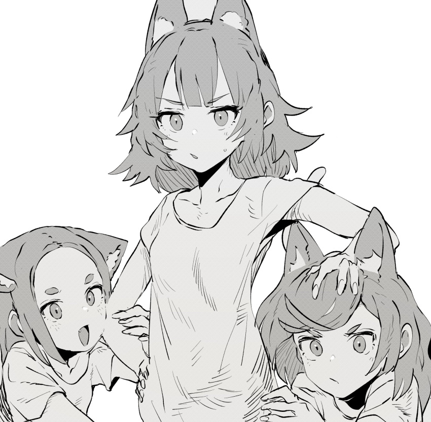 3girls :d animal_ears ddari dog_ears fang fingernails greyscale hand_on_hip highres looking_at_viewer monochrome multiple_girls open_mouth original shirt short_sleeves smile triplets