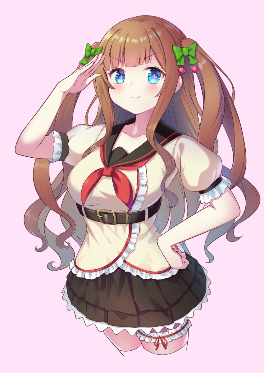 .live 1girl absurdres belt blue_eyes blush breasts brown_hair collarbone commentary_request hair_ribbon highres kakyouin_chieri large_breasts pink_background ribbon salute school_uniform shinori_(efvbji6264) simple_background smile solo virtual_youtuber
