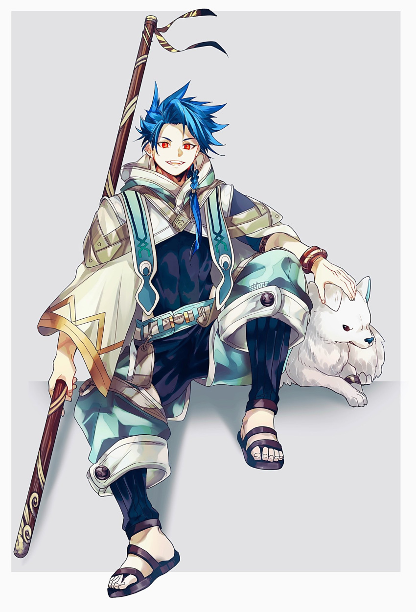 1boy 1other animal baggy_pants belt blue_hair bodysuit_under_clothes border bracelet braid braided_ponytail cape child cu_chulainn_(fate)_(all) dog earrings fate/grand_order fate/grand_order_arcade fate_(series) full_body highres holding holding_staff jewelry knee_up long_hair looking_at_viewer male_focus open_mouth pants petting puppy red_eyes sandals setanta_(fate) sitting slit_pupils smile spiky_hair staff type-moon u_5ham0