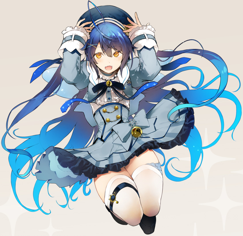 1girl :d absurdres ahoge amamiya_kokoro arms_up bangs beret black_footwear black_headwear blue_hair brown_eyes commentary_request eyebrows_visible_through_hair fang frilled_skirt frills full_body gradient_hair grey_background grey_jacket grey_skirt hair_between_eyes hat highres jacket long_hair long_sleeves looking_at_viewer multicolored_hair nijisanji nishiide_kengorou open_clothes open_jacket open_mouth shirt shoes simple_background skirt sleeves_past_wrists smile solo sparkle thigh-highs two_side_up very_long_hair virtual_youtuber white_legwear white_shirt
