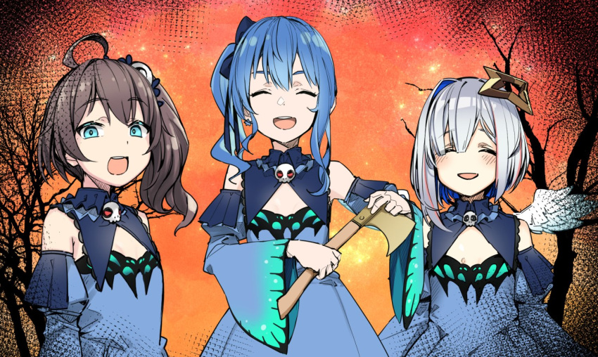 3girls amane_kanata axe bangs bare_tree blue_dress blue_hair blue_sleeves closed_eyes cosplay detached_sleeves dress flat_chest halo hat holding holding_axe hololive hoshimachi_suisei looking_at_viewer multicolored_hair multiple_girls natsuiro_matsuri open_mouth pink_hair shaded_face short_hair side_ponytail silver_hair smile streaked_hair tenbin_gashira tree upper_body uruha_rushia uruha_rushia_(cosplay) virtual_youtuber wings