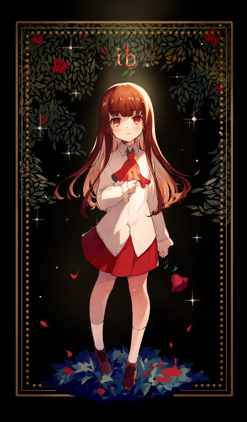 1girl absurdres backlighting black_background brown_hair character_name collared_shirt cravat diffraction_spikes eyebrows_visible_through_hair flower frilled_sleeves frills full_body highres holding holding_flower ib ib_(ib) leaf light_particles long_hair parted_lips red_eyes red_flower red_neckwear red_rose red_skirt remon_(10112) rose shirt skirt socks solo white_legwear