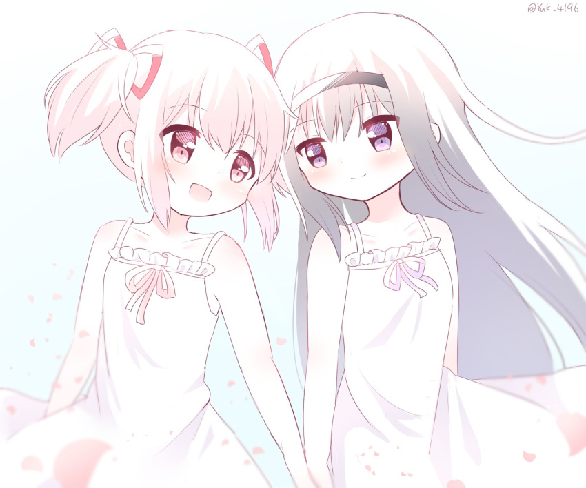 2girls :d akemi_homura alternate_hairstyle arms_at_sides bare_arms bare_shoulders black_hair black_hairband blurry blush closed_mouth clothes_lift collarbone depth_of_field dot_nose dress eye_contact eyebrows_visible_through_hair facing_viewer flat_chest floating_hair frilled_dress frills hair_ribbon hairband happy highres holding_hands kaname_madoka light_blue_background light_blush long_hair looking_at_another looking_to_the_side mahou_shoujo_madoka_magica multiple_girls open_mouth pale_color petals pink_eyes pink_hair pink_ribbon purple_ribbon red_ribbon ribbon short_twintails shoulder_blush side-by-side simple_background smile spaghetti_strap straight_hair tareme twintails twitter_username upper_body vignetting violet_eyes white_dress wind wind_lift yuki_(33098065)