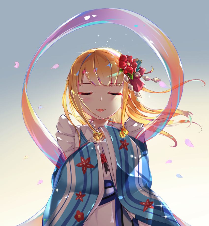 1girl :3 aoman_de_cangshu bangs blonde_hair blue_background blue_dress blunt_bangs blush closed_eyes dress eyebrows_visible_through_hair facing_viewer fang flower gradient gradient_background hair_flower hair_ornament hands_up highres holding holding_hair long_hair mononobe_alice nijisanji parted_lips red_flower skin_fang solo virtual_youtuber wide_sleeves yellow_background