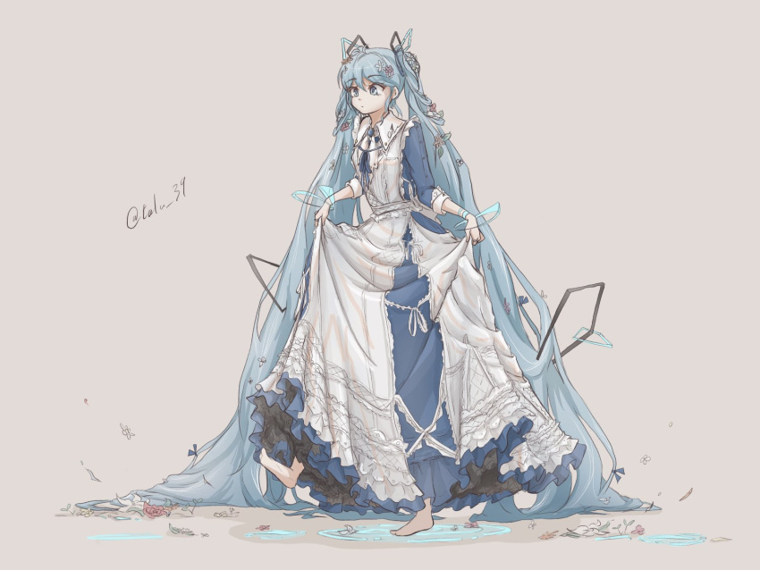 1girl absurdly_long_hair barefoot beige_background blue_dress blue_eyes blue_hair commentary dress flower frilled_dress frills full_body hair_flower hair_ornament hatsune_miku highres long_hair looking_down ripples skirt_hold solo tolu_39 twintails twitter_username two-tone_dress very_long_hair vocaloid walking white_dress