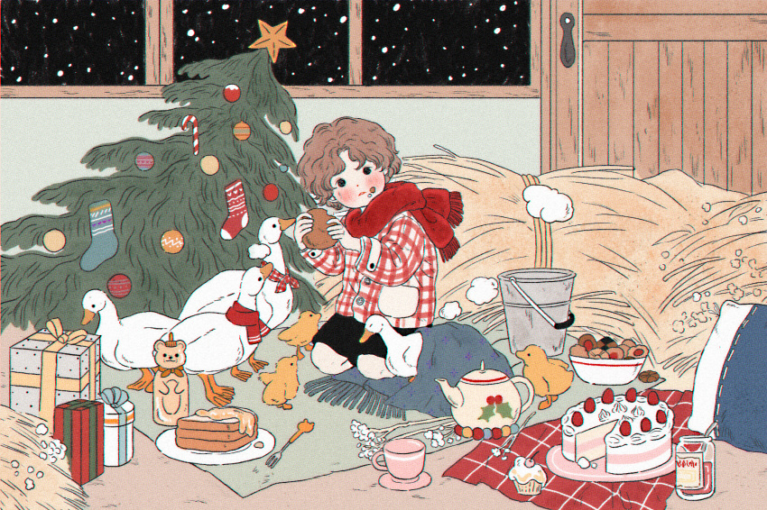 bird black_eyes blanket blush box brown_hair bucket child christmas_tree cup cupcake duck food food_on_face fork gender_request gift gift_box highres holding holding_food long_sleeves original red_scarf scarf short_hair solo strawberry_shortcake teapot window yoovora