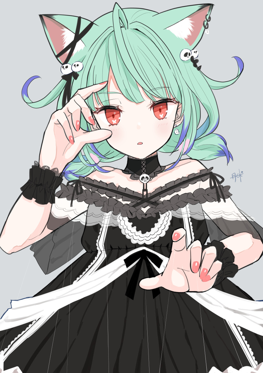 1girl absurdres animal_ears animal_print bare_shoulders black_dress blue_hair blush butterfly_print cat_ears colored_tips commentary_request dress earrings extra_ears eyebrows_visible_through_hair frilled_cuffs green_hair hair_ornament hand_up highres hololive huge_filesize jewelry looking_at_viewer low_twintails multicolored_hair nail_polish no_nose off-shoulder_dress off_shoulder puppet_strings red_eyes see-through see-through_sleeves short_hair short_twintails signature skull_collar skull_earrings skull_hair_ornament symbol_in_eye tsukitoinu twintails two-tone_hair upper_body uruha_rushia virtual_youtuber wrist_cuffs