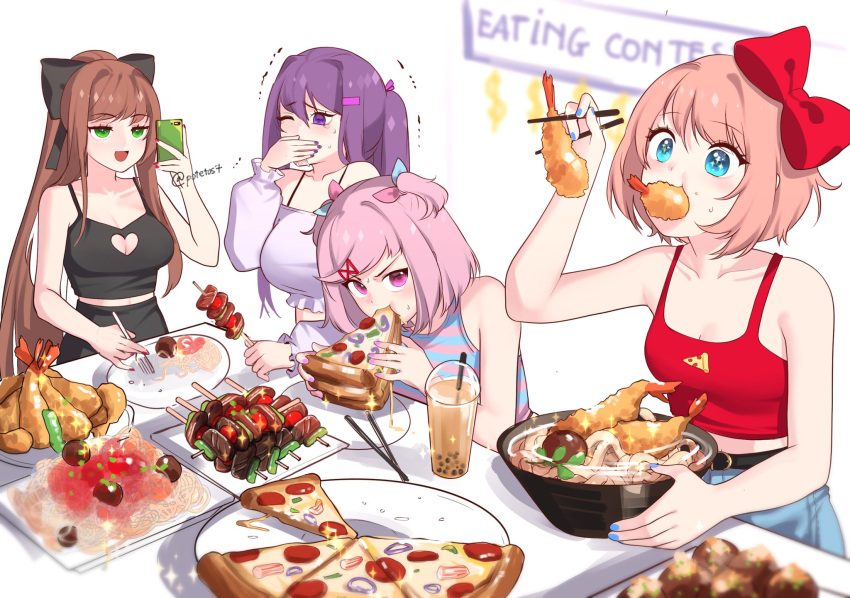 4girls :d alternate_hairstyle bangs bare_arms bare_shoulders black_ribbon blue_eyes blue_nails bow bowl breasts brown_hair bubble_tea casual cellphone chopsticks clothing_cutout collarbone commentary covering_mouth doki_doki_literature_club eating eating_contest eyebrows_visible_through_hair food food_in_mouth fork green_eyes hair_bow hair_ornament hair_ribbon hairclip heart_cutout highres kebab large_breasts long_hair monika_(doki_doki_literature_club) multiple_girls natsuki_(doki_doki_literature_club) noodles one_eye_closed open_mouth phone pink_eyes pink_hair pink_nails pizza plate ponytail potetos7 purple_hair red_bow red_nails ribbon sayori_(doki_doki_literature_club) short_hair sidelocks smartphone smile sparkle sparkling_eyes symbol_commentary tank_top tempura twintails twitter_username very_long_hair violet_eyes wince yuri_(doki_doki_literature_club)