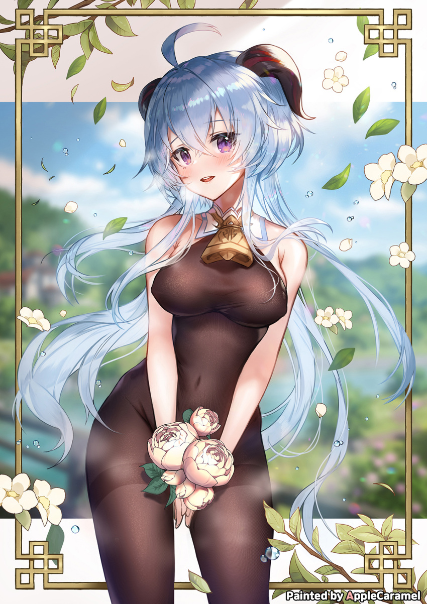 1girl ahoge apple_caramel bare_arms bare_shoulders bell blue_hair bodystocking breasts covered_navel covered_nipples cowbell cowboy_shot detached_collar flower ganyu_(genshin_impact) genshin_impact goat_horns highres holding horns impossible_clothes large_breasts long_hair looking_at_viewer open_mouth smile solo standing violet_eyes white_flower