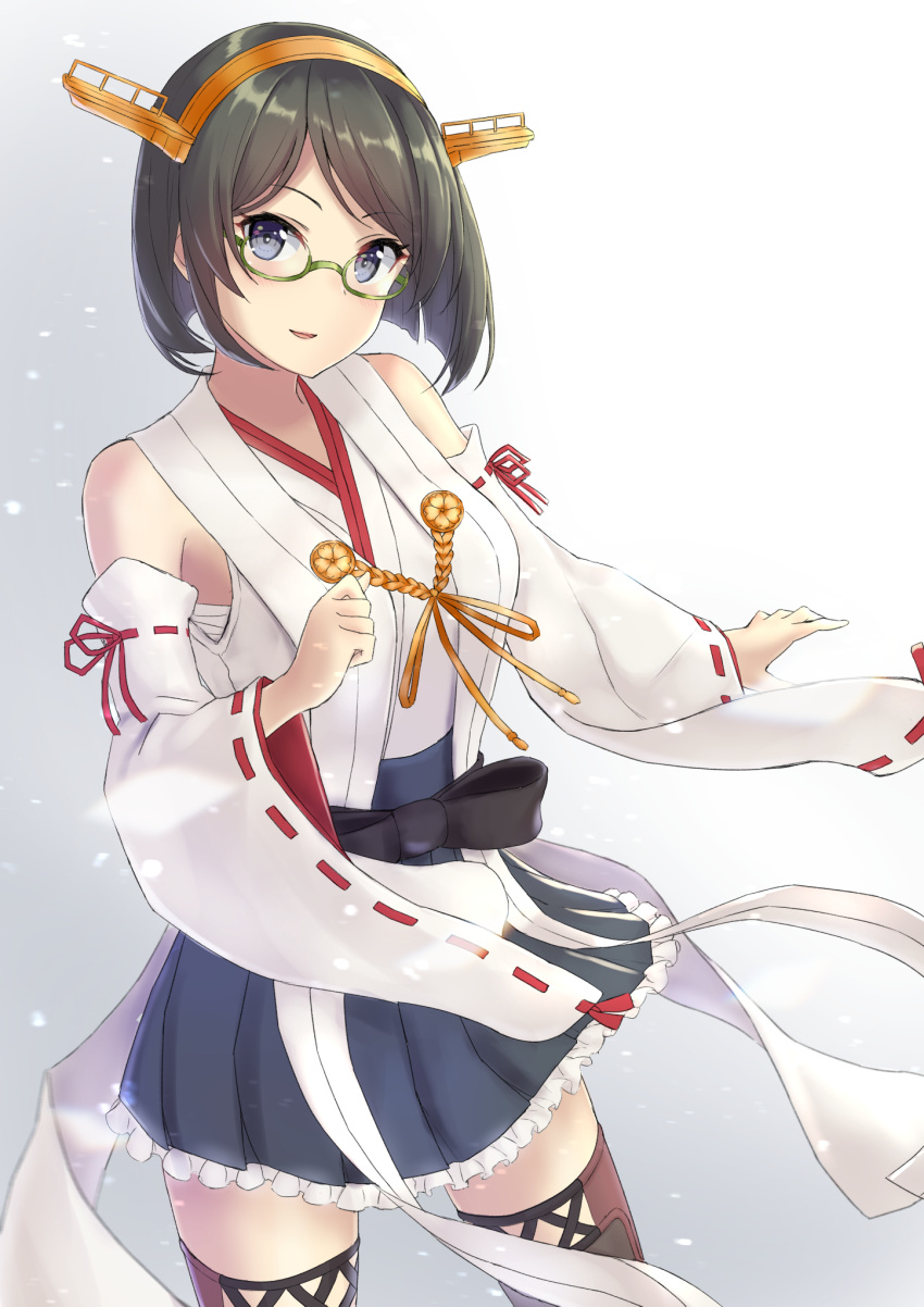 1girl bangs bare_shoulders black_hair blush breasts detached_sleeves eyebrows_visible_through_hair glasses green-framed_eyewear hair_ornament hairband headgear highres japanese_clothes kantai_collection kirishima_(kantai_collection) long_sleeves looking_at_viewer monoku nontraditional_miko parted_lips remodel_(kantai_collection) ribbon-trimmed_sleeves ribbon_trim short_hair simple_background smile solo thigh-highs white_background