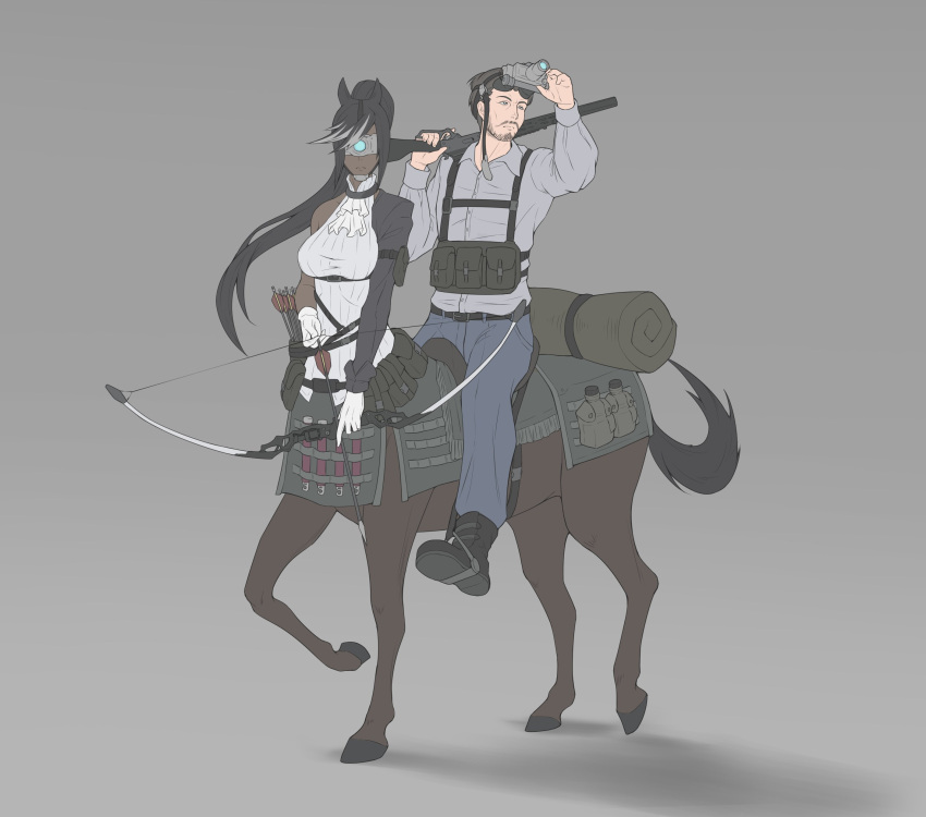 absurdres animal_ears black_hair bow_(weapon) centaur dark_skin gloves gun highres night_vision_device original ponytail simple_background tactical_clothes tail weapon white_gloves yamanata