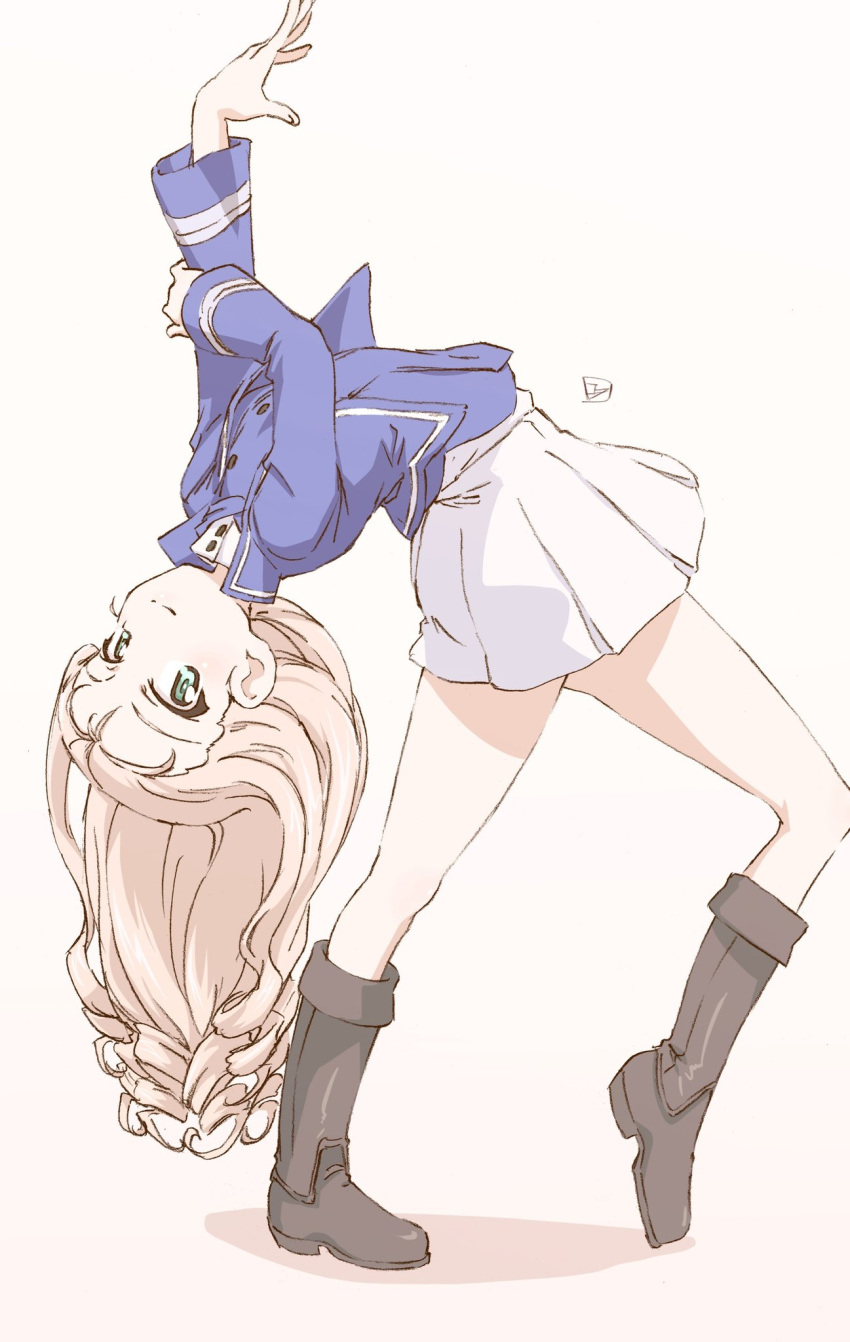 1girl arched_back artist_name bad_id bad_twitter_id bc_freedom_military_uniform black_footwear blonde_hair blue_jacket blue_vest boots closed_mouth colored_pencil_(medium) commentary dress_shirt drill_hair erakin flexible from_side girls_und_panzer green_eyes heel_up high_collar highres jacket knee_boots leaning_back long_hair long_sleeves looking_at_viewer marie_(girls_und_panzer) military military_uniform miniskirt pleated_skirt shadow shirt signature simple_background skirt smile solo standing traditional_media uniform vest white_background white_shirt white_skirt