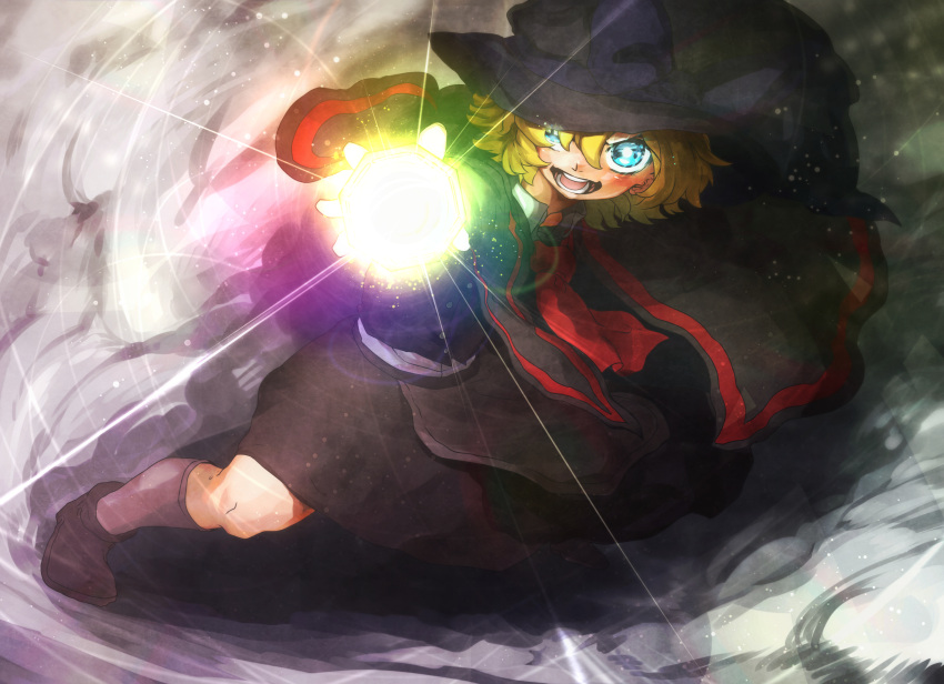 1girl black_capelet black_footwear black_skirt black_vest blonde_hair blue_eyes blush bow capelet collared_shirt commentary cookie_(touhou) dust_cloud fighting_stance full_body glowing glowing_eyes grey_legwear hat highres kirisame_marisa looking_at_viewer master_spark meguru_(cookie) mini-hakkero niwarizumu open_mouth petticoat purple_bow red_neckwear shirt shoes short_hair skirt socks solo standing teeth touhou vest white_shirt witch_hat