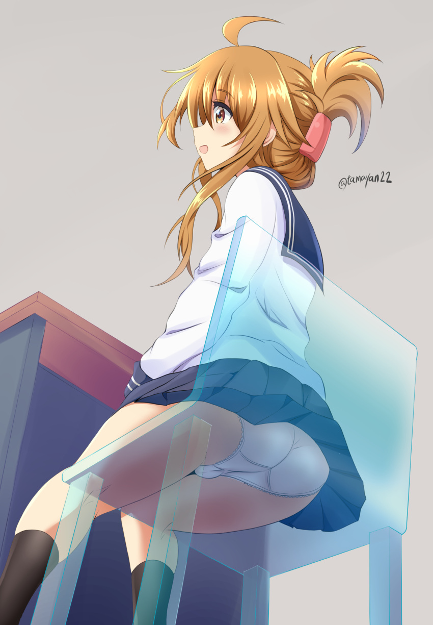 1girl ass blush brown_eyes brown_hair desk folded_ponytail from_below highres inazuma_(kantai_collection) kantai_collection long_hair open_mouth panties school_uniform see-through serafuku skirt smile solo tamayan transparent_seat trefoil twitter_username underwear white_panties