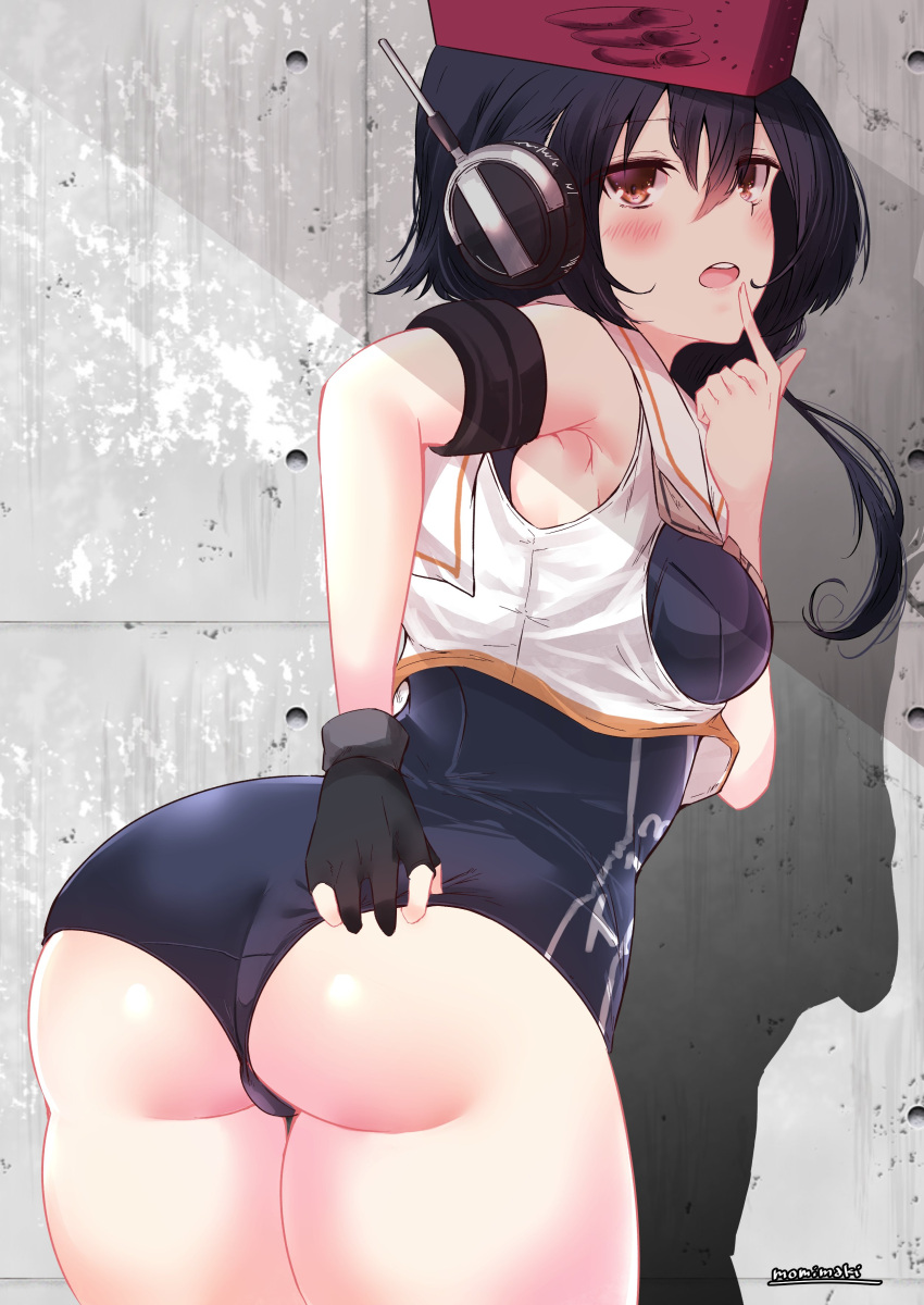 1girl absurdres adjusting_clothes adjusting_swimsuit ass asymmetrical_hair black_hair black_swimsuit blush breast_cutout breasts brown_eyes eyebrows_visible_through_hair framed_breasts gloves hair_between_eyes hat headphones highres i-13_(kantai_collection) kantai_collection looking_at_viewer looking_back momiji_(103) open_mouth partially_fingerless_gloves sailor_collar school_swimsuit shadow shirt short_hair single_glove small_breasts solo standing swimsuit swimsuit_under_clothes wall