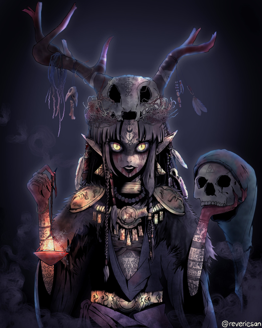 1girl absurdres alternate_color alternate_costume animal_skull bangs blood bracelet braid celtic_knot corruption dark_background dirty earrings fur_trim grey_hair highres jewelry link long_hair neck plait princess_zelda reverie_(reveriesan) robe runes skull smoke symbol tattoo triforce witch yellow_eyes