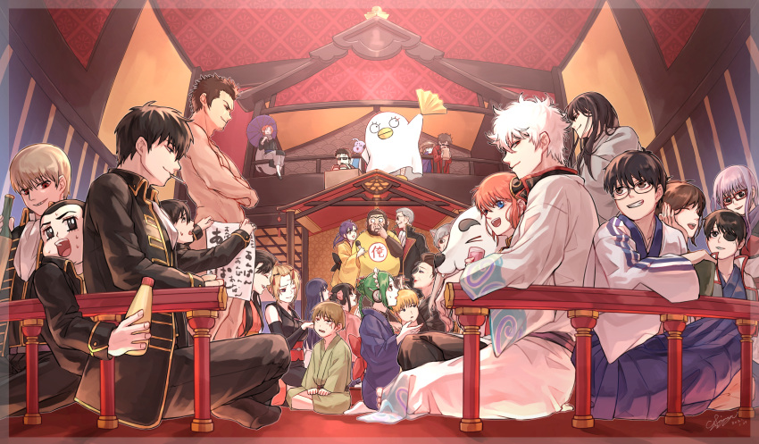 6+boys 6+girls alcohol aya_shiro423 bird black_eyes black_hair black_jacket blonde_hair blue_eyes character_request dog fan folding_fan gintama green_hair highres hijikata_toushirou holding holding_fan indoors jacket japanese_clothes kagura_(gintama) katsura_kotarou kimono long_hair mouth_hold multiple_boys multiple_girls okita_sougo orange_hair purple_hair sadaharu sakamoto_tatsuma sakata_gintoki sake shimura_shinpachi shirt short_hair sitting standing takasugi_shinsuke uniform white_hair yellow_shirt