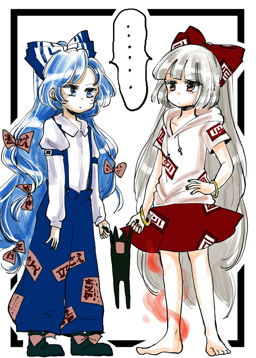 absurdres baggy_pants bangle barefoot blue_eyes blue_hair blue_pants bow bracelet cosplay costume_switch debt fujiwara_no_mokou fujiwara_no_mokou_(cosplay) hair_bow highres holding hood hoodie jewelry komaku_juushoku ofuda pants red_eyes red_skirt shoe_bow shoes skirt stuffed_animal stuffed_cat stuffed_toy suspenders touhou white_hair yorigami_shion yorigami_shion_(cosplay)