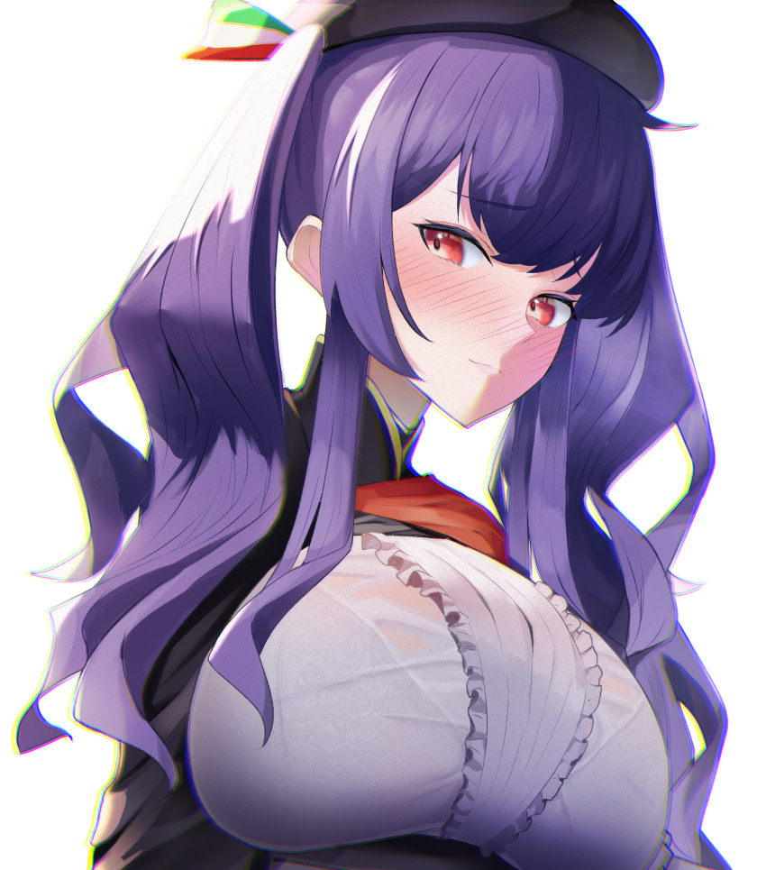 1girl azur_lane beret black_headwear blush bra breasts center_frills eyebrows_visible_through_hair framed_breasts frills from_below hat highres italian_flag kanaya604 lace-trimmed_bra lace_trim large_breasts long_hair pola_(azur_lane) purple_hair red_eyes simple_background solo underwear upper_body white_background