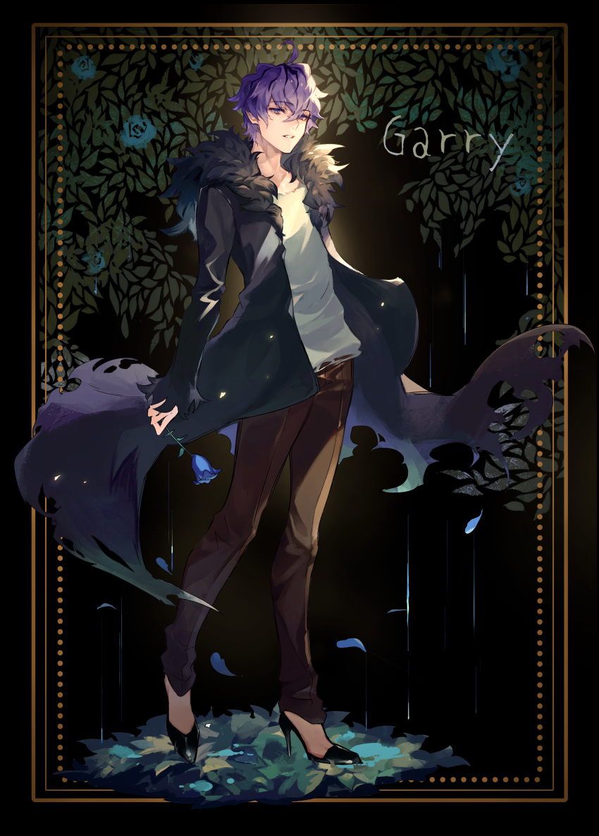 1boy absurdres backlighting black_background blue_flower blue_rose character_name coat eyebrows_visible_through_hair flower full_body fur-trimmed_coat fur_trim garry_(ib) hair_between_eyes high_heels highres holding holding_flower ib leaf light_particles long_sleeves looking_at_viewer male_focus messy_hair open_mouth parted_lips petals purple_hair rain remon_(10112) rose short_hair skirt solo standing torn_coat violet_eyes
