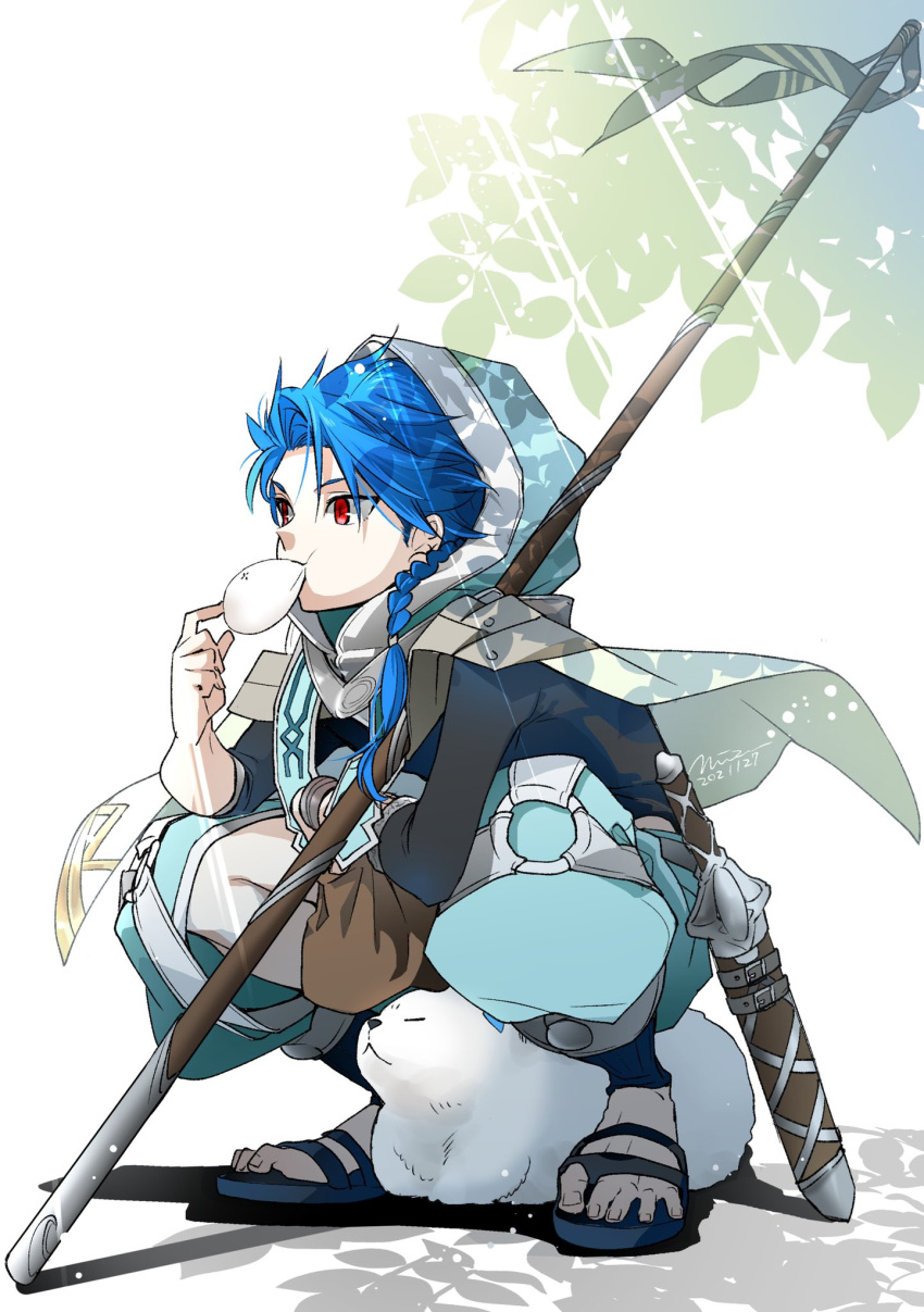 1boy 1other animal baozi blue_hair braid braided_ponytail capelet cu_chulainn_(fate)_(all) dagger dated dog eating fate/grand_order fate/grand_order_arcade fate_(series) food full_body highres holding hood hood_up hooded_capelet leaf long_hair male_focus pants puffy_pants puppy red_eyes sandals scabbard setanta_(fate) sheath signature slit_pupils spiky_hair squatting staff toumei328 type-moon weapon