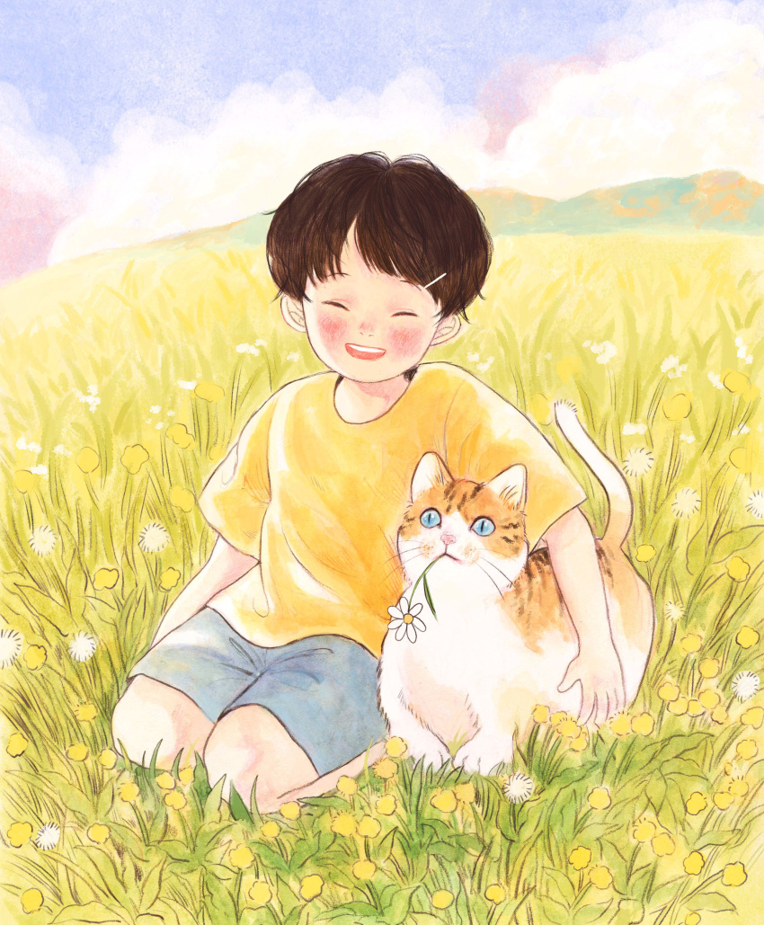 1boy absurdres black_hair blue_sky blush cat closed_eyes clouds cloudy_sky day flower flower_in_mouth grey_shorts highres open_mouth original outdoors plant shirt short_hair short_sleeves shorts sitting sky smile solo white_flower yellow_flower yellow_shirt yoovora