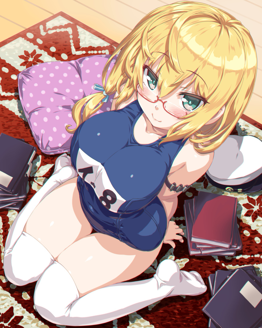 1girl alternate_hairstyle bangs bare_arms bare_shoulders blonde_hair blue_eyes blush book book_stack breasts carpet commentary dd_(ijigendd) from_above glasses hair_ribbon hat hat_removed headwear_removed highres i-8_(kantai_collection) indoors kantai_collection large_breasts long_hair looking_at_viewer name_tag one-piece_swimsuit peaked_cap pillow red-framed_eyewear ribbon school_swimsuit semi-rimless_eyewear sitting smile solo swimsuit thigh-highs under-rim_eyewear wariza white_legwear