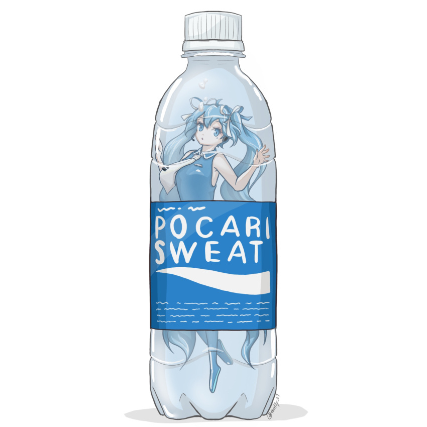 1girl air_bubble blue_eyes blue_hair blue_shirt bottle bubble commentary copyright_name hands_up hatsune_miku highres in_bottle in_container long_hair minigirl necktie plastic_bottle pocari_sweat shirt sleeveless sleeveless_shirt solo submerged tolu_39 twintails very_long_hair vocaloid white_background white_neckwear