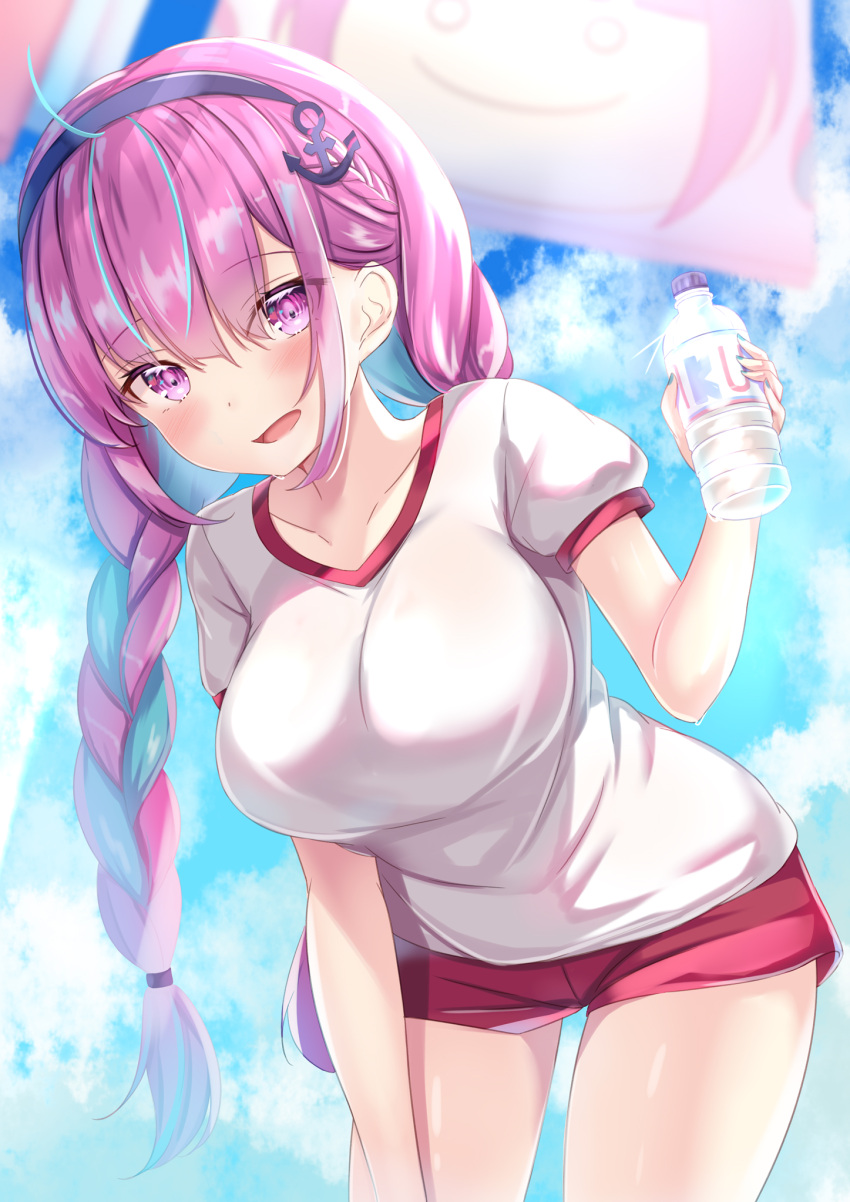 1girl alternate_costume alternate_hairstyle bending blush bottle breasts buruma flag gym_uniform highres hololive large_breasts long_hair looking_at_viewer minato_aqua open_mouth sky violet_eyes virtual_youtuber water_bottle yuano