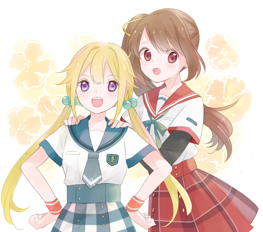 2girls :d blonde_hair breasts brown_eyes brown_hair buttons chuuou_academy_uniform dot_nose eyebrows_visible_through_hair eyelashes fingernails floral_background flower green_neckwear green_ribbon green_sailor_collar hair_between_eyes hair_bobbles hair_ornament hands_on_another's_shoulders hands_on_hips happy height_difference highres light_blush long_sleeves magia_record:_mahou_shoujo_madoka_magica_gaiden mahou_shoujo_madoka_magica mitsuki_felicia miyama_rikka multiple_girls necktie open_mouth orange_flower plaid plaid_skirt pleated_skirt red_sailor_collar red_skirt ribbon round_teeth sailor_collar school_uniform shiny shiny_hair short_over_long_sleeves short_sleeves side_ponytail simple_background skirt small_breasts smile tareme teeth twintails uniform upper_teeth violet_eyes white_background wristband yui_tsuruno