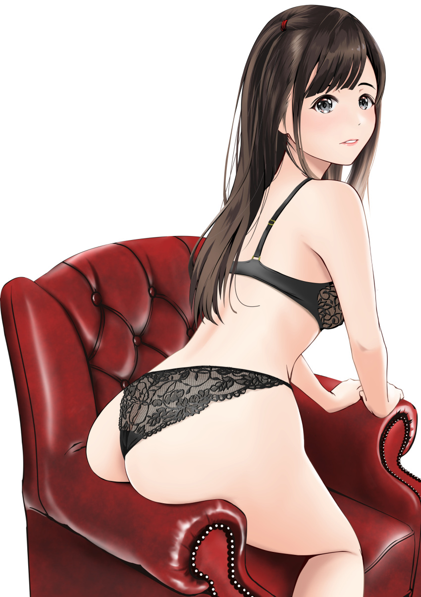 1girl absurdres arm_support armchair ass black_bra black_eyes black_hair black_panties bra chair commentary_request from_side gibun_(sozoshu) hair_tie highres lace lace_bra lace_panties leaning_forward lipstick long_hair looking_at_viewer looking_to_the_side makeup original panties parted_lips red_lips simple_background sitting solo straight_hair tareme thighs underwear white_background
