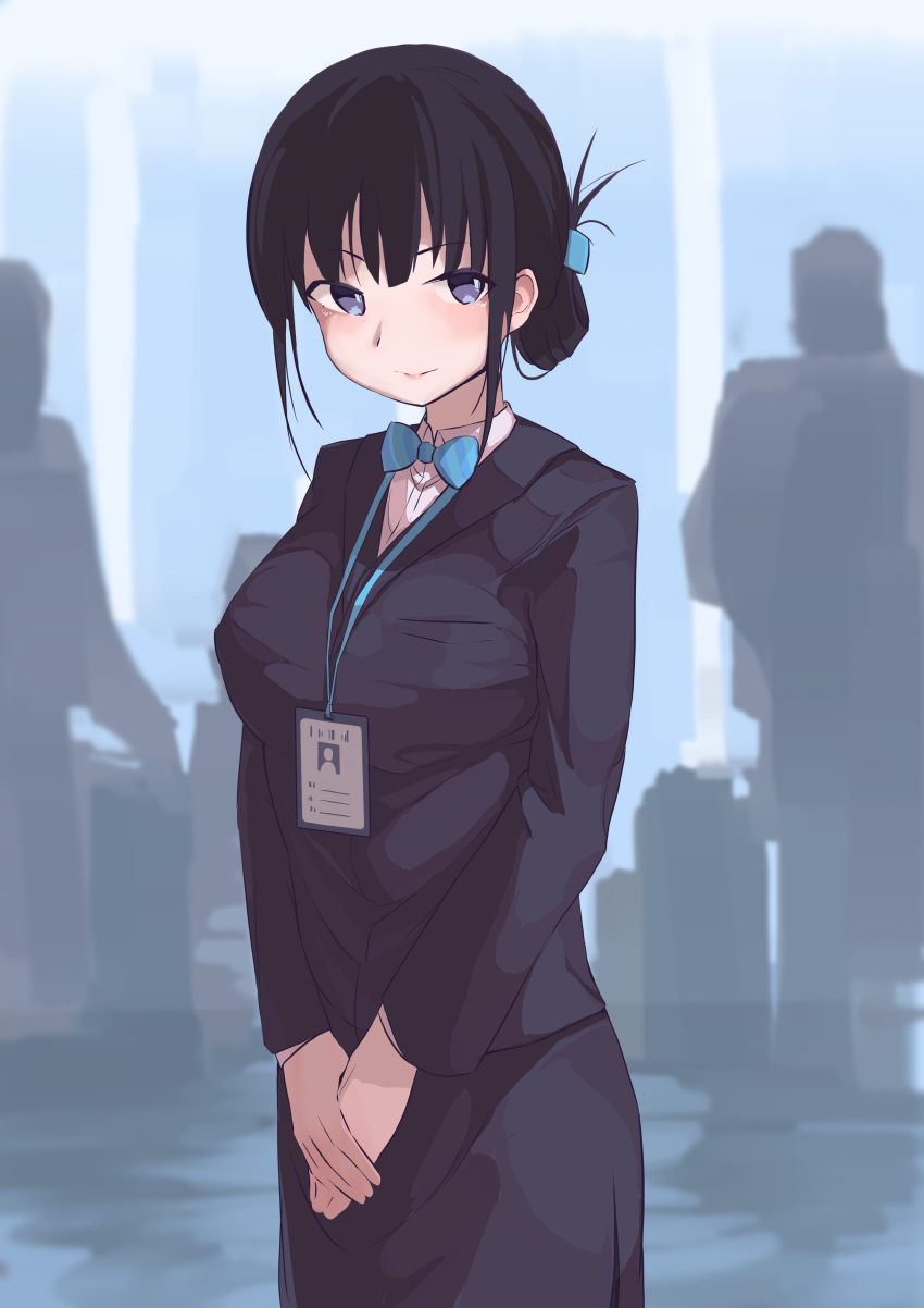 1girl absurdres black_hair black_suit blue_bow blue_eyes blue_neckwear blurry blurry_background bow bowtie hair_bow hands_together highres id_card indoors lanyard looking_at_viewer office_lady original painnico pencil_skirt short_hair skirt solo_focus standing