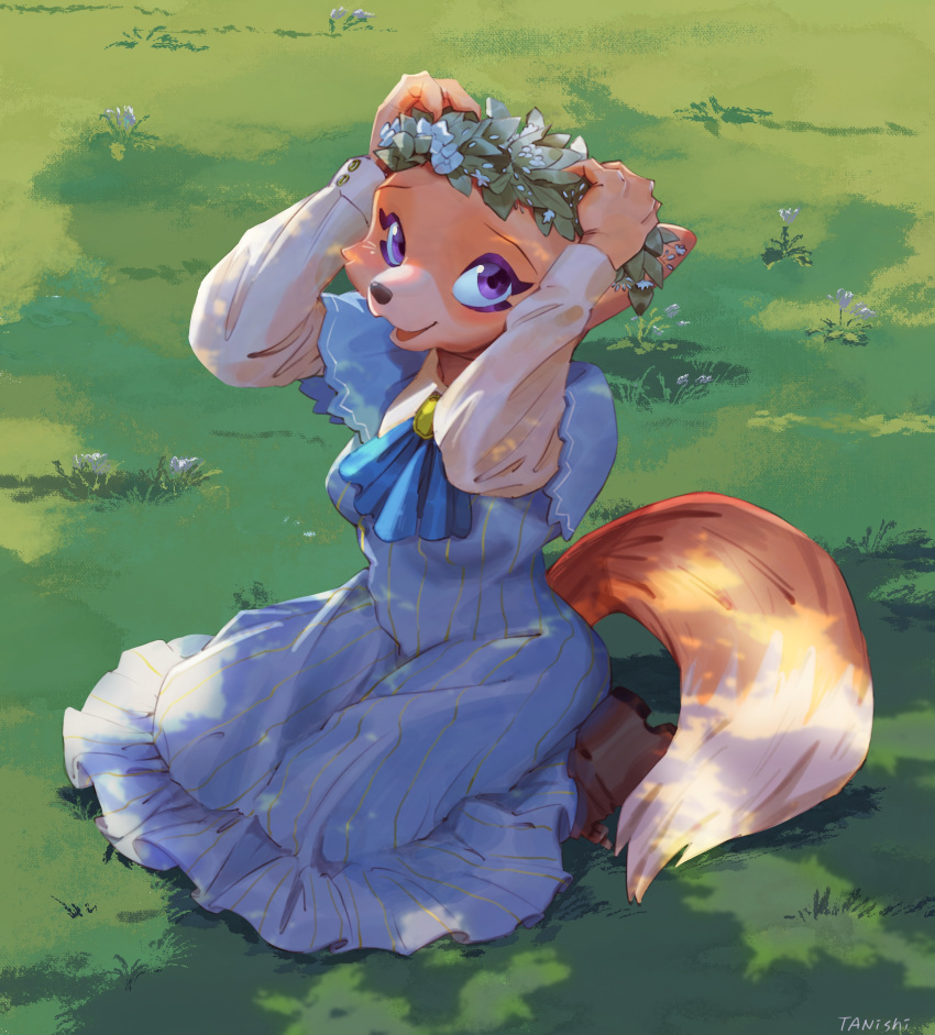 1girl :3 absurdres animal_ears animal_nose arms_up artist_name blue_dress blue_neckwear body_fur boots breasts brooch brown_footwear commentary_request cravat dappled_sunlight day dress flower flower_wreath fox_ears fox_girl fox_tail frilled_dress frills full_body furry grass green_background happy highres jewelry kneeling long_sleeves looking_up medium_breasts on_ground open_mouth orange_fur original outdoors short_over_long_sleeves short_sleeves signature sitting smile snout solo sunlight tail tanishi_(tanisi_tanbo) two-tone_fur violet_eyes wariza white_flower white_fur