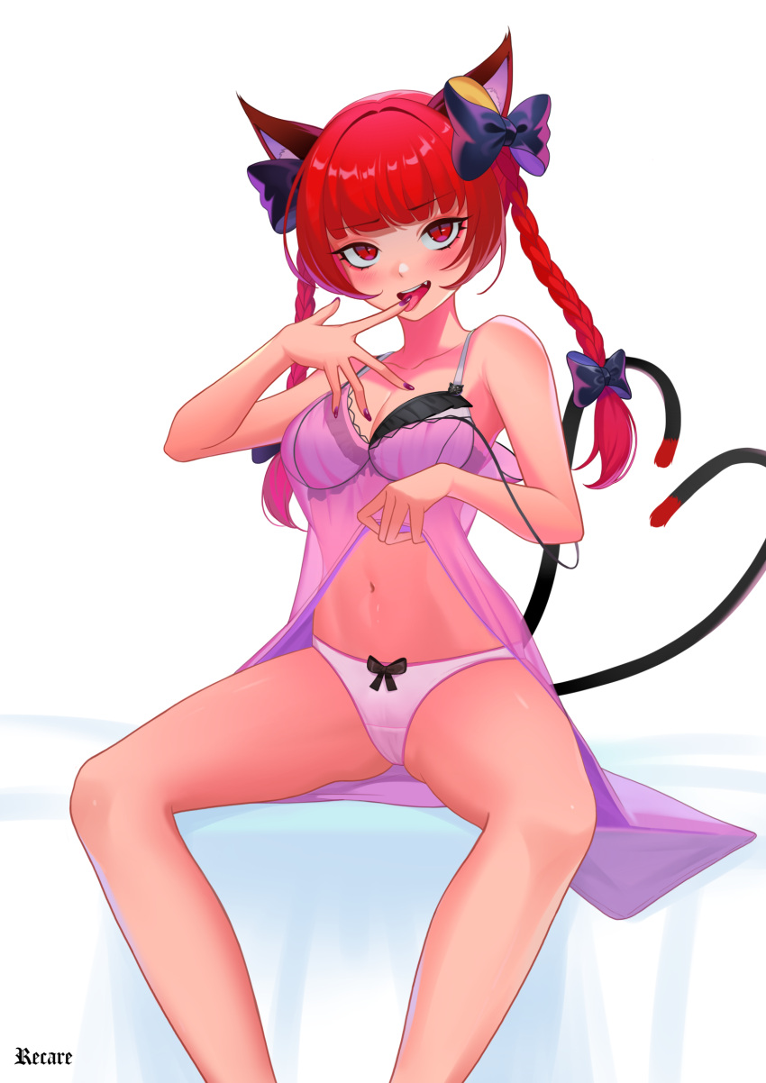 1girl animal_ears bangs blunt_bangs braid cat_ears cat_tail commission eyebrows_visible_through_hair feet_out_of_frame finger_licking highres kaenbyou_rin licking long_hair multiple_tails nekomata recare red_eyes redhead simple_background sitting solo tail touhou twin_braids twintails two_tails white_background