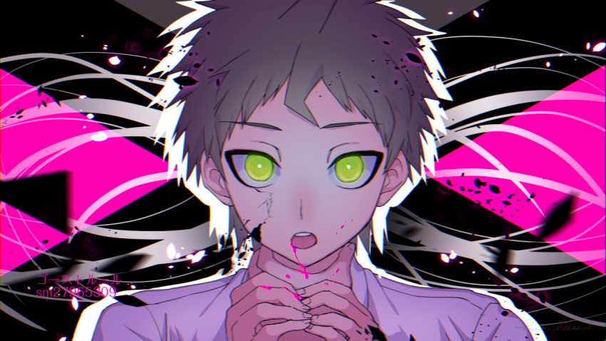 1boy asphyxiation bangs black_background blood blood_from_mouth brown_hair choking commentary_request dangan_ronpa_(series) dangan_ronpa_2:_goodbye_despair green_eyes hama_cheese hand_on_another's_neck hinata_hajime looking_at_viewer male_focus multicolored multicolored_background open_mouth outline pink_background pink_blood portrait shirt short_hair translation_request white_outline