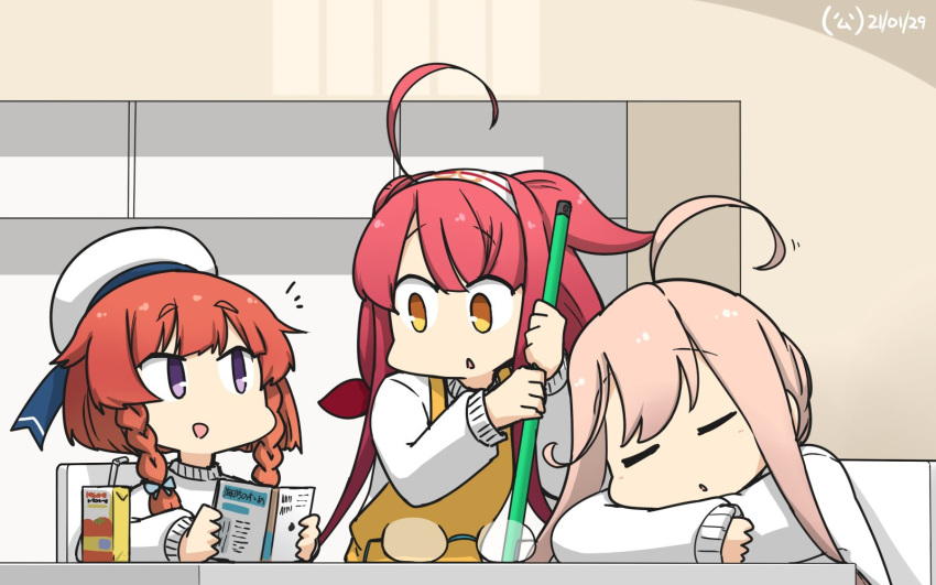 3girls ahoge alternate_costume apron bob_cut braid commentary_request crown_braid dated etorofu_(kantai_collection) eyewear_removed hair_flaps hair_ribbon hairband hamu_koutarou hat highres kantai_collection kawakaze_(kantai_collection) long_hair low_twintails makigumo_(kantai_collection) multiple_girls pink_hair redhead remodel_(kantai_collection) ribbon sailor_hat side_braid sidelocks sleeping sweater table thick_eyebrows twin_braids twintails upper_body very_long_hair violet_eyes white_headwear white_sweater yellow_apron yellow_eyes