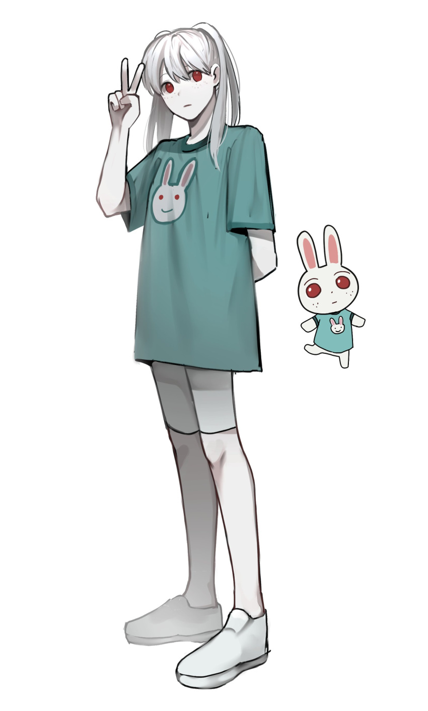 1girl absurdres animal_crossing animal_print arm_behind_back bangs bunny_print closed_mouth commentary_request freckles full_body gin_(euneunun) green_shirt grey_legwear hand_up highres long_hair looking_at_viewer open_mouth over-kneehighs pale_skin personification red_eyes ruby_(animal_crossing) shirt shoes short_sleeves shorts simple_background standing t-shirt thigh-highs v white_background white_footwear