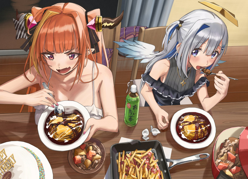 2girls absurdres ahoge amane_kanata angel_wings birthday birthday_cake black_shirt blonde_hair blue_eyes blue_hair blush bottle bow breasts cake camisole chair colored_inner_hair commentary curtains diagonal-striped_bow doukyo's dragon_girl dragon_horns dragon_tail eating english_commentary eyebrows_visible_through_hair fang food french_fries frilled_shirt frills from_above hair_between_eyes halo happy_birthday highres holding holding_spoon hololive horn_bow horns indoors jewelry kiryu_coco large_breasts long_hair looking_at_another looking_to_the_side multicolored_hair multiple_girls nail_polish necklace official_alternate_costume open_mouth orange_hair pink_hair pink_nails plate pointy_ears pot potato ribbed_shirt shadow shirt short_twintails silver_hair sitting skin_fang sleeveless sleeveless_shirt small_breasts smile spaghetti_strap spoon streaked_hair table tail tea twintails two-tone_hair two_side_up upper_body violet_eyes virtual_youtuber white_camisole window wings wooden_chair wooden_floor wooden_table xiaoju_xiaojie