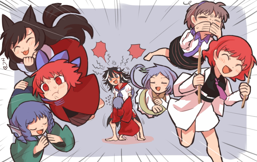 6+girls anger_vein animal_ears barefoot blue_hair blush brown_hair closed_eyes commentary_request covering_mouth donki_rkgk double_dealing_character drumsticks fleeing flying flying_sweatdrops hands_over_own_mouth head_fins holding holding_drumsticks horikawa_raiko horns imaizumi_kagerou kijin_seija long_hair long_sleeves multicolored_hair multiple_girls purple_hair red_eyes redhead sekibanki short_hair smile streaked_hair sukuna_shinmyoumaru touhou trembling tsukumo_benben tsukumo_yatsuhashi wakasagihime white_hair wolf_ears